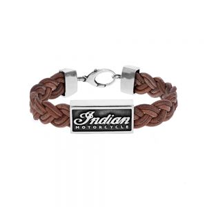 Braided Leather Bracelet w/ Silver Indian Script Logo and Lobster Clasp