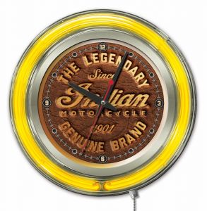 Indian Motorcycle Brown Leather Yellow Neon Clock