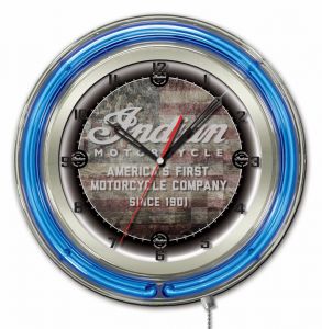 Indian Motorcycle American Flag Logo Neon Clock with Blue Neon